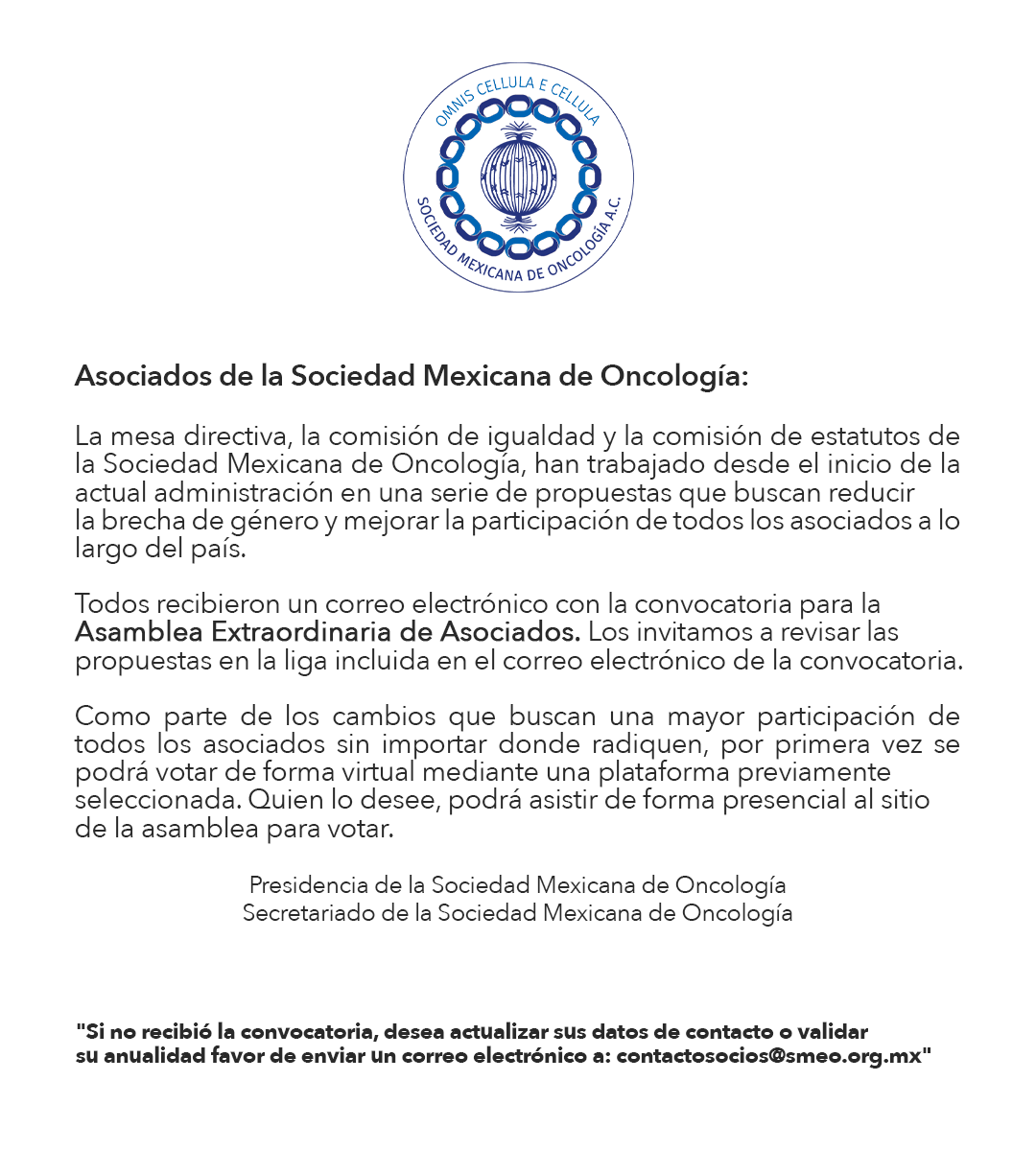 La SMeO convoca:
Asamblea Extraordinaria de Asociados.

#SMeO #somossmeo