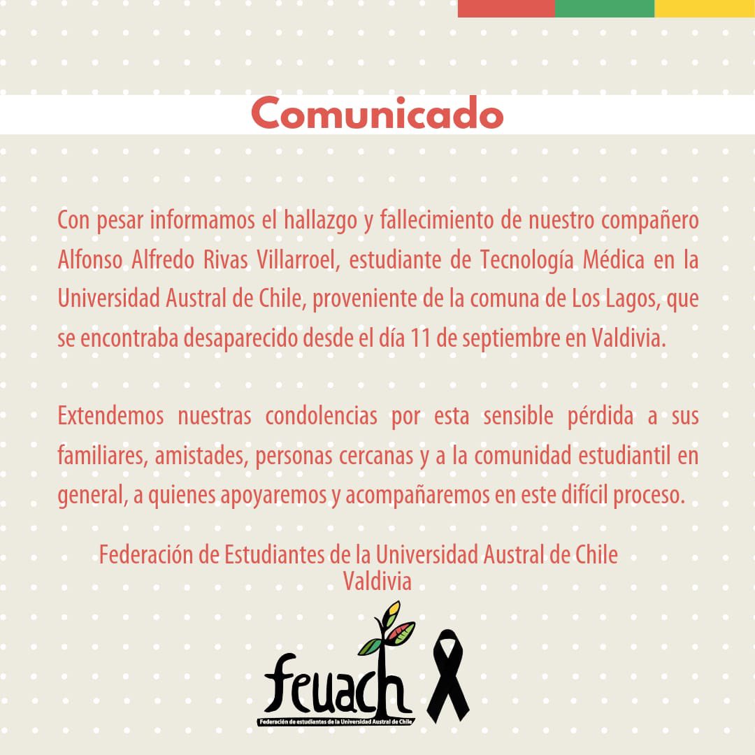 Extendemos nuestras condolencias por la sensible pérdida de nuestro compañero Alfonso Alfredo Rivas Villarroel, estudiante de Tecnología Médica de la <a href="/UAustraldeChile/">Universidad Austral de Chile</a>.