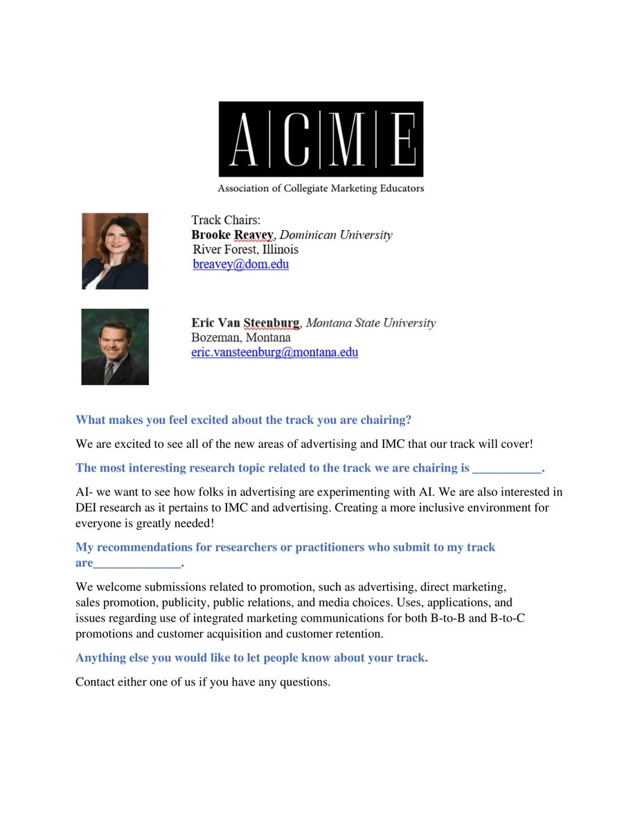 OfCollegiate's tweet photo. "The most interesting research topic related to the track we are chairing is #AI. We want to see how folks in advertising are experimenting with #AI. We are also interested in DEI research  ... " Brooke Reaveyand Eric Van Steenburg, Ph.D., co-chairs -  Advertising &amp; IMC #ACME2023 https://t.co/MsX0qgdFxL