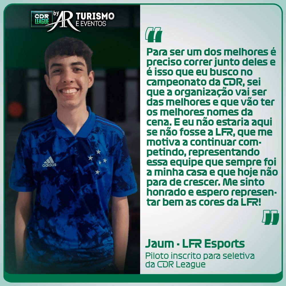 CDRGaming's tweet photo. Entrevista com mais um inscrito para a próxima CDR League! 🔥

Piloto @LFR_JAUM, da @LFResports. 

Considerado por muitos como um dos melhores pilotos do Brasil, perguntamos para o Jaum qual as suas expectativas para o campeonato. Confira: https://t.co/HgTomF41mu