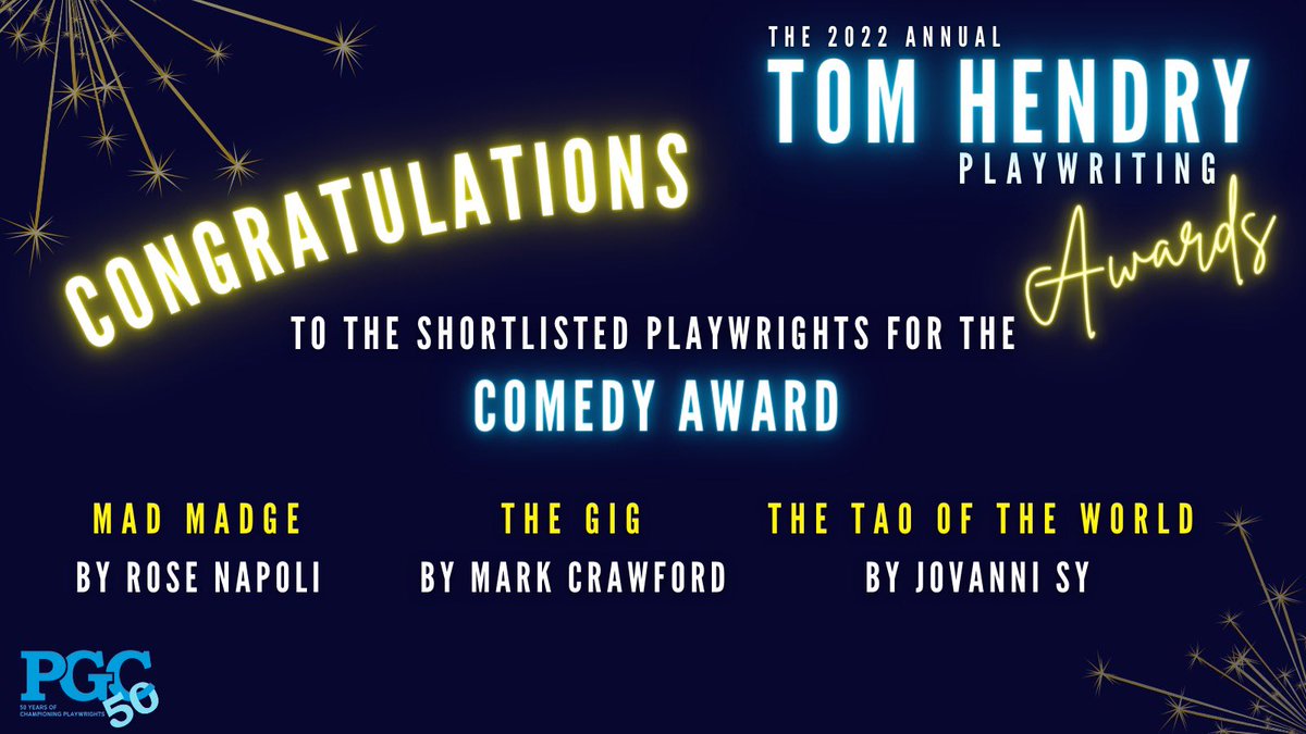 PGuildCanada's tweet photo. The shortlisted playwrights for The Comedy Award have been announced online at The Nominee Gala. Congrats to @RoseNapoli1, @markjdcrawford, and @JovanniSy 🎉 #NomineeGala2022 https://t.co/bxRhdIPnwW