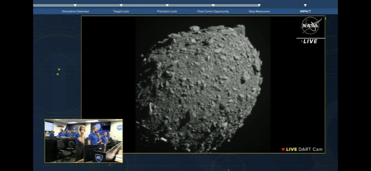 MarkErickson's tweet photo. Ouch… DART has successfully impacted Dimorphos! Planetary defense in action. https://t.co/Pa7v9jqwqx