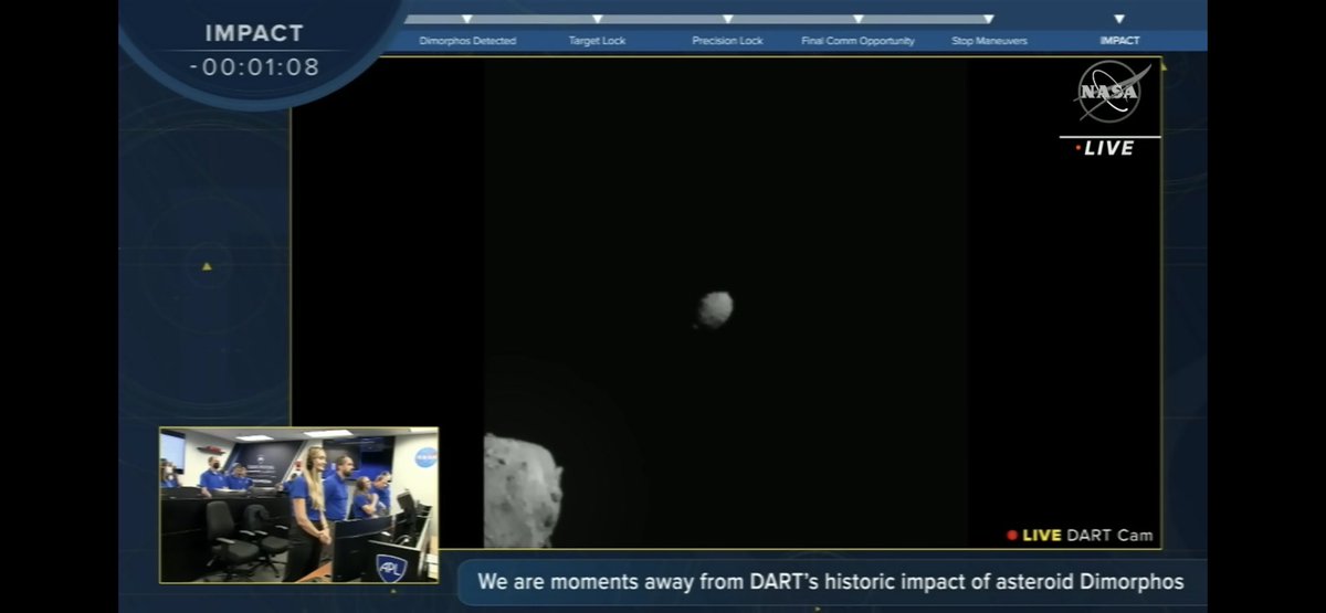 MarkErickson's tweet photo. Ouch… DART has successfully impacted Dimorphos! Planetary defense in action. https://t.co/Pa7v9jqwqx