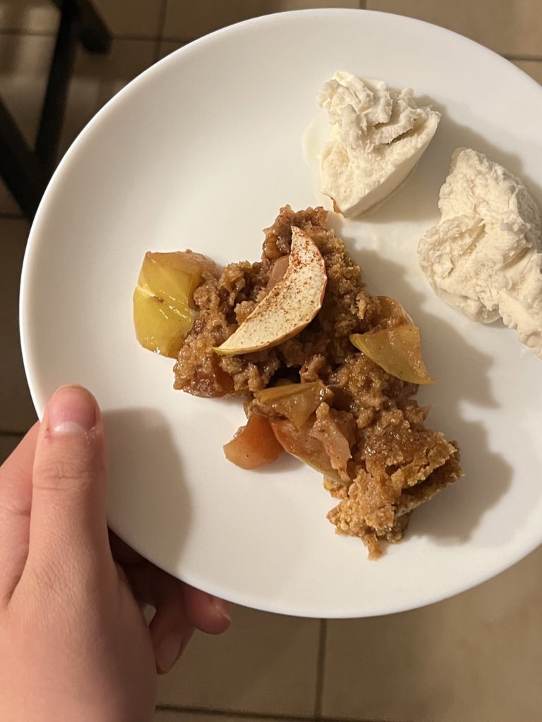 magicsfunny's tweet photo. made apple crumble from apples we picked this weekend 🍎 so good. having it with planet oat vanilla ice cream https://t.co/qHuDkcmPC0