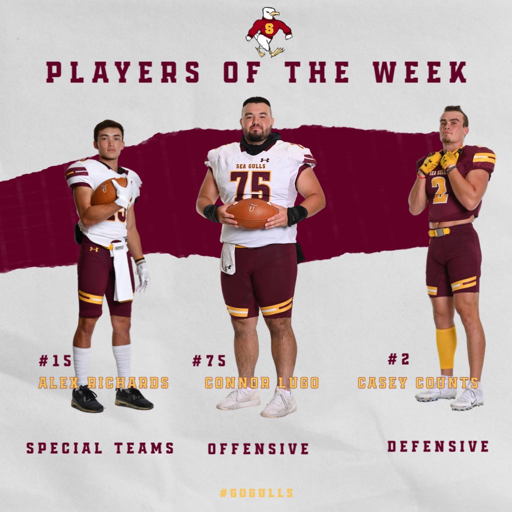 SeaGullFootball's tweet photo. Players of the Week 

Fr. Alex Richards-WR

Sr. Connor Lugo-OL

Jr. Casey Counts-LB

#GoGulls #GoldPride https://t.co/QYBZlfJRMq