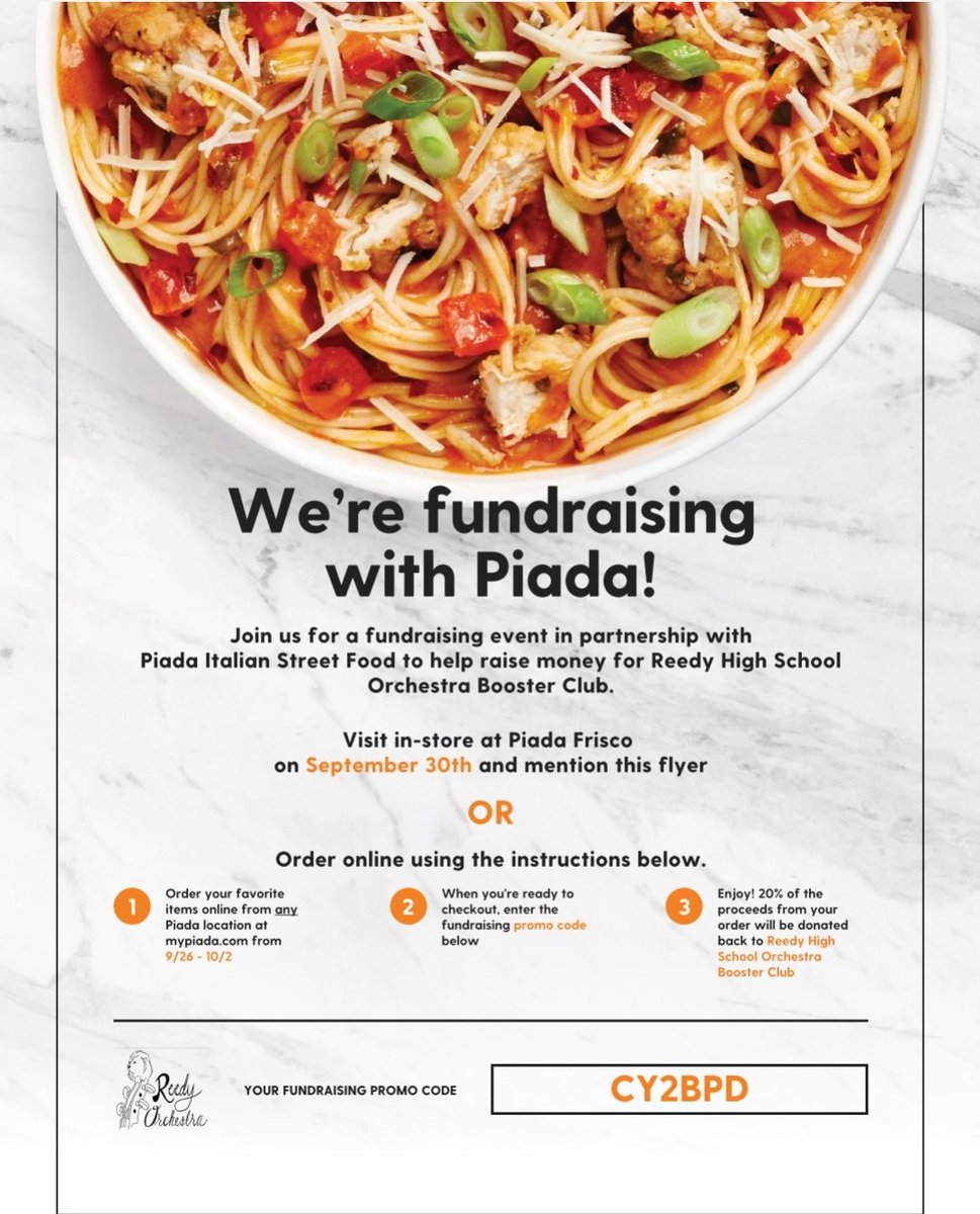 It's Piada Spirit Week for Reedy Orchestra! Order online (9.26 - 10.2) at ANY Piada using our promo code (CY2BPD) &amp; visit us in-store this Friday (9.30) at Piada Frisco (3301 Preston Rd., Frisco, TX 75034) - be sure to mention Reedy Orchestra if you come Friday! 🍝🦁🎻
#rhsroar