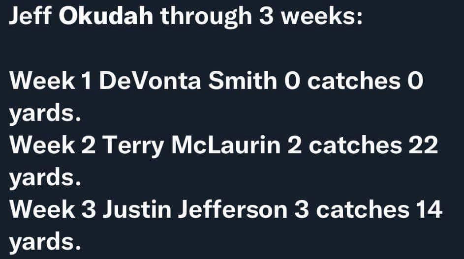 sbrimmer68's tweet photo. @rotobuzzguy Why isn’t Okudah getting more credit for coming back from a torn Achilles? He’s been lights out for receivers this year. https://t.co/lepQ06K0dH