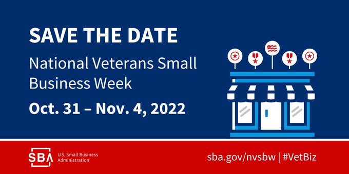 📅 Mark your calendar: National Veterans Small Business Week kicks off October 31! During the celebration, SBA and our partners will host #VetBiz events highlighting resources to help veterans start and grow their businesses. More here: sba.gov/nvsbw