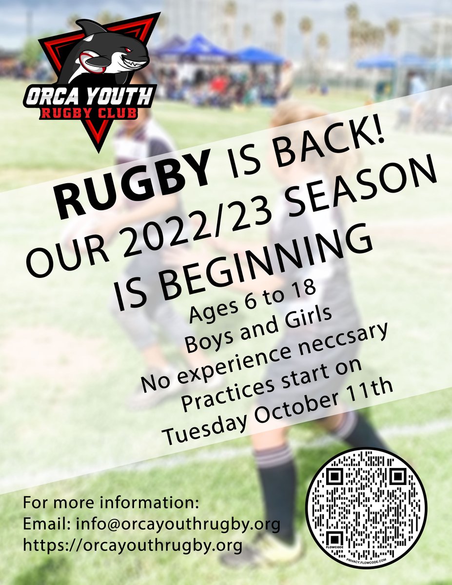 OrcaYouthRugby's tweet photo. First practice is on Tuesday 11th October, 6 to 8pm at the Thousand Oaks Community Park. Read more: https://t.co/R95urgEC87
#youthrugby #camarillo #youthrugbyclub #venturacounty #morethanjustarugbyclub #wearefamily #weareorca #goorca #orcayouthrugby #rugbyteam #rugbyfamily https://t.co/j4skEdutjY
