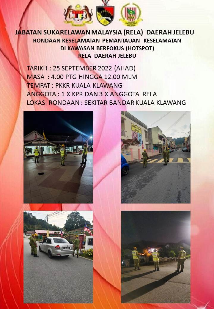 RONDAAN KESELAMATAN PEMANTAUAN KESELAMATAN DIKAWASAN BERFOKUS (HOTSPOT) RELA DAERAH JELEBU.
#OPPATUH
#Amaldanpatuh
#JELABU 
#StayAtHome 
#KitaTeguhKitaMenang 
#Setiaberbakti
@officialrelamalaysia <a href="/yahyakgc/">Yahya Sulaiman</a> <a href="/relamalaysia/">relamalaysia</a> 
<a href="/PrdGunalan/">Gunalan</a> <a href="/RELA_N9/">RELA NEGERI SEMBILAN</a>