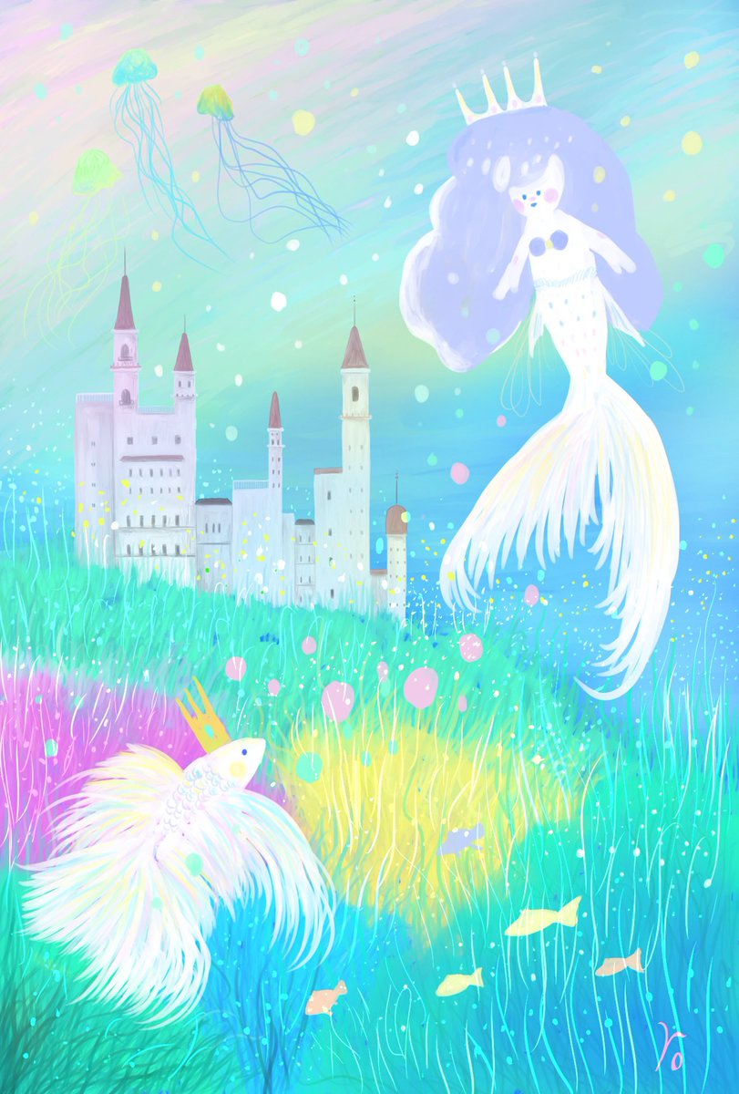 jellyfish fish castle mermaid crown monster girl outdoors  illustration images
