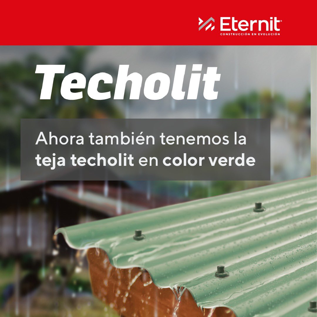 EternitOficial's tweet photo. ¡Conoce nuestras tejas Techolit, ahora también en color verde!

Tejas especializadas para viviendas rurales que hemos desarrollado en polipropileno reforzado y estabilizadas con filtro UV, garantizando como siempre la mejor calidad y durabilidad.

#ElementiaMateriales #Techolit https://t.co/irL2pj29OA