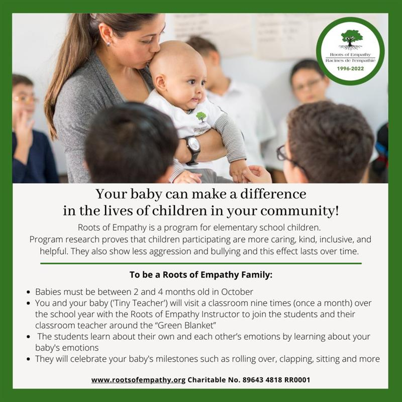 darcymorganroe's tweet photo. Know of a family with a little one 2 to 4 months that would be open to sharing the school year with a classroom?
Looking for two families in the @SeatoSkySD48.
Reach out to dmorgan@rootsofempathy.org
#tinyteachers #empathy #socialandemotionallearning #experienciallearning https://t.co/dMPCHkiG5V