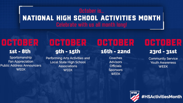 National High School Activities Month Celebration to Promote Values, Benefits of Activity Programs
Throughout October, the celebration emphasizes essential areas of high school activity programs with themed weeks.
#HSActivitiesMonth
bit.ly/3UTNkLZ