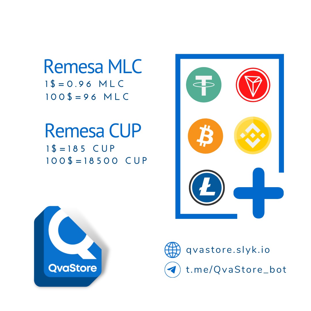 QvaStores's tweet photo. ⬆️ NUEVOS CAMBIOS 💹

💸 MLC: 1$ ~ 0.96 MLC
💸 Envías 100$, recibes 96 MLC

💳 CUP: 1$ ~ 185 CUP
💳 Envías 100$, recibes 18 500 CUP

⭐ Solicita en: https://t.co/PDxVaA4vgx
⭐ Web/App: https://t.co/Y9xqRjxL7T https://t.co/fWvseNhh7E