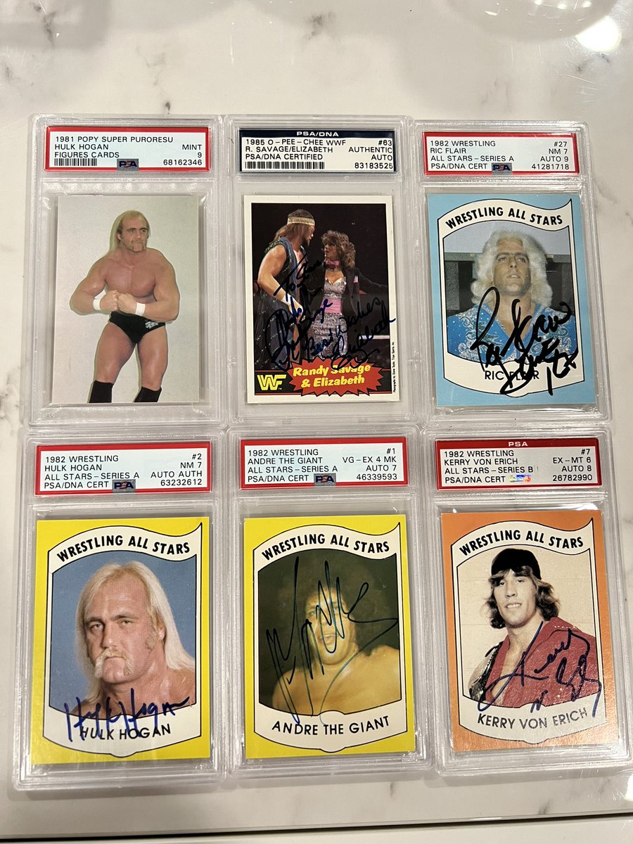 A nice mix of wrestling cards #thehobby #wrestlingcards #andrethegiant #hulkhogan #1982wrestlingallstars #psa #machomanrandysavage #kerryvonerich #1981hulkhoganpopy #RicFlair #autograph