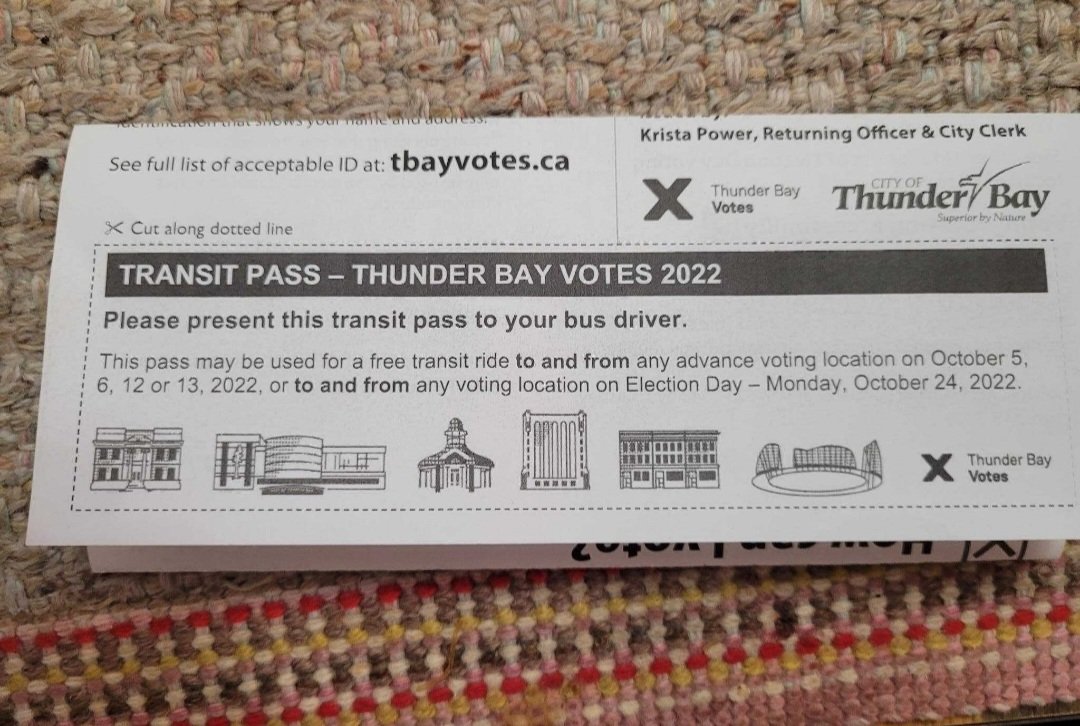 A friend just sent a photo of what they're doing for municipal elections in Thunder Bay.

During advance polls and election day, Thunder Bay is providing free transit so everyone can have easier access to vote.

We did free transit in December why not to get folks to the polls?