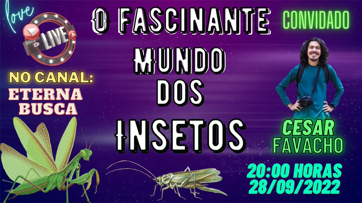 Na próxima quarta feira, dia 28/10, as 20:00 horas, terei a honra de receber o divo <a href="/CesarFavacho/">César Favacho ~ Inseto e outros bichinhos 🐜🦗🪲🪳</a> no canal para conversarmos sobre o incrível mundo dos insetos e sua trajetória na divulgação científica 🥰 espero vcs 😁😁
O link para a live:
youtu.be/nJ4me8srrrA