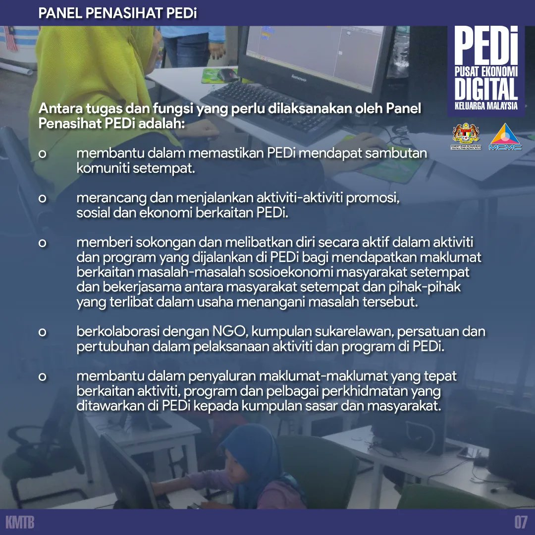 5 transformasi #PEdi bagi merealisasikan aspirasi pendigitalan ekonomi negara... Antaranya penubuhan Panel Penasihat PEDi yang akan membimbing masyarakat setempat bagi menasihat dan merancang segala aktiviti di pusat tersebut. @kkmm_gov  <a href="/MCMC_RASMI/">MCMC</a>  
<a href="/AnnuarMusa/">Annuar Musa</a>  #KKOMM