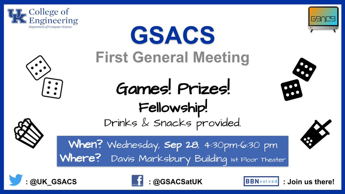 UK_GSACS's tweet photo. GSACS is having its first meeting of the year!

Game night this Wednesday, Sept. 28 at 4:30pm!
There will be food and prizes so come join us and feel free to bring a friend! 🥳🤩 https://t.co/7k2iaJl7hc