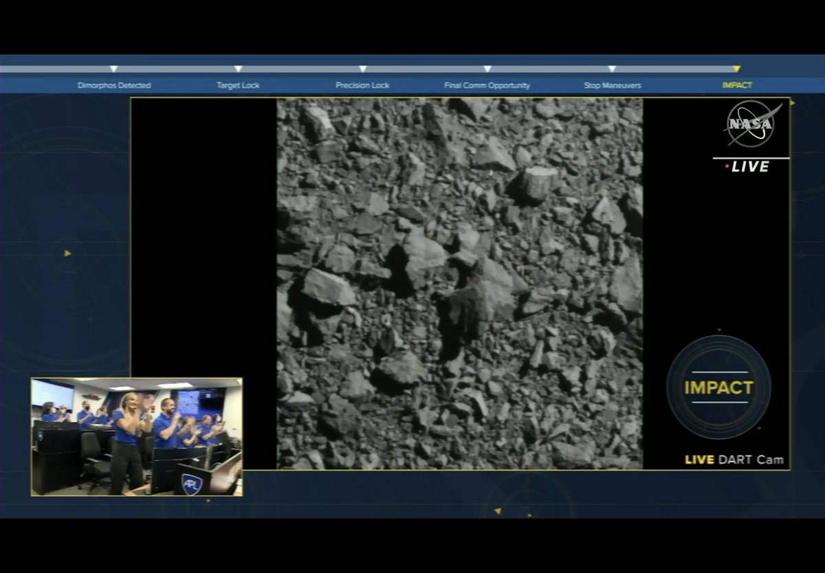 DrMakemake's tweet photo. 5 Years in the Making. 9.6 Million km Away. 23,000 km/h Velocity. The First Planetary Defence Test in Human History, NASA DART, is officially a success! DART Impact will one day help us avert Deep Impact of Planet Earth! #NASA #DART #PlanetaryDefender
 Photo Credit: NASA TV https://t.co/9ko1XHlxGN
