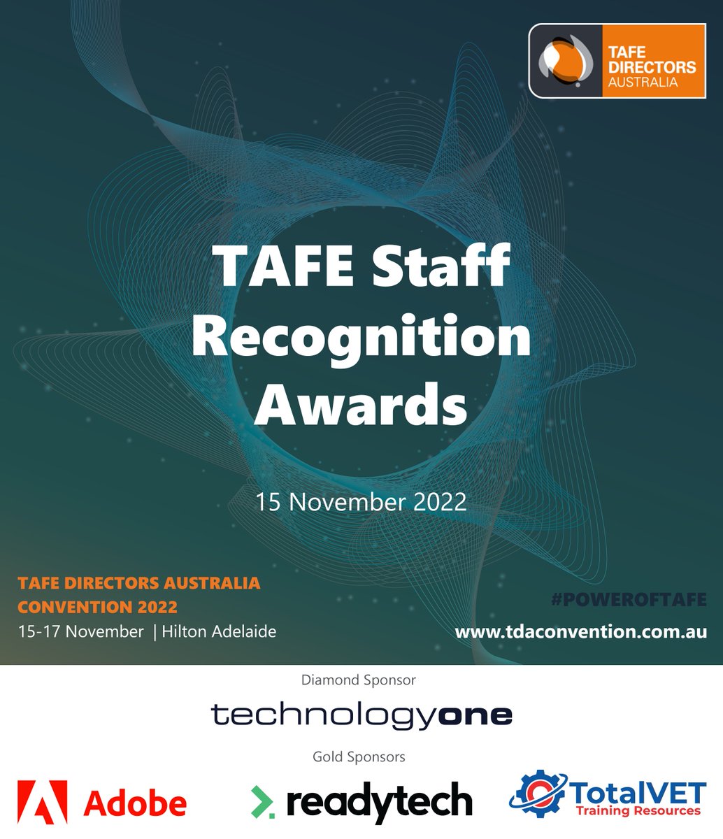 3 days until applications close for TAFE Staff Recognition Awards! Know a TAFE staff member who should apply? Mention them in the comments section. Find out more tda.edu.au/events/tda-con…

#POWEROFTAFE #TDAConvention2022 #skillsandtraining