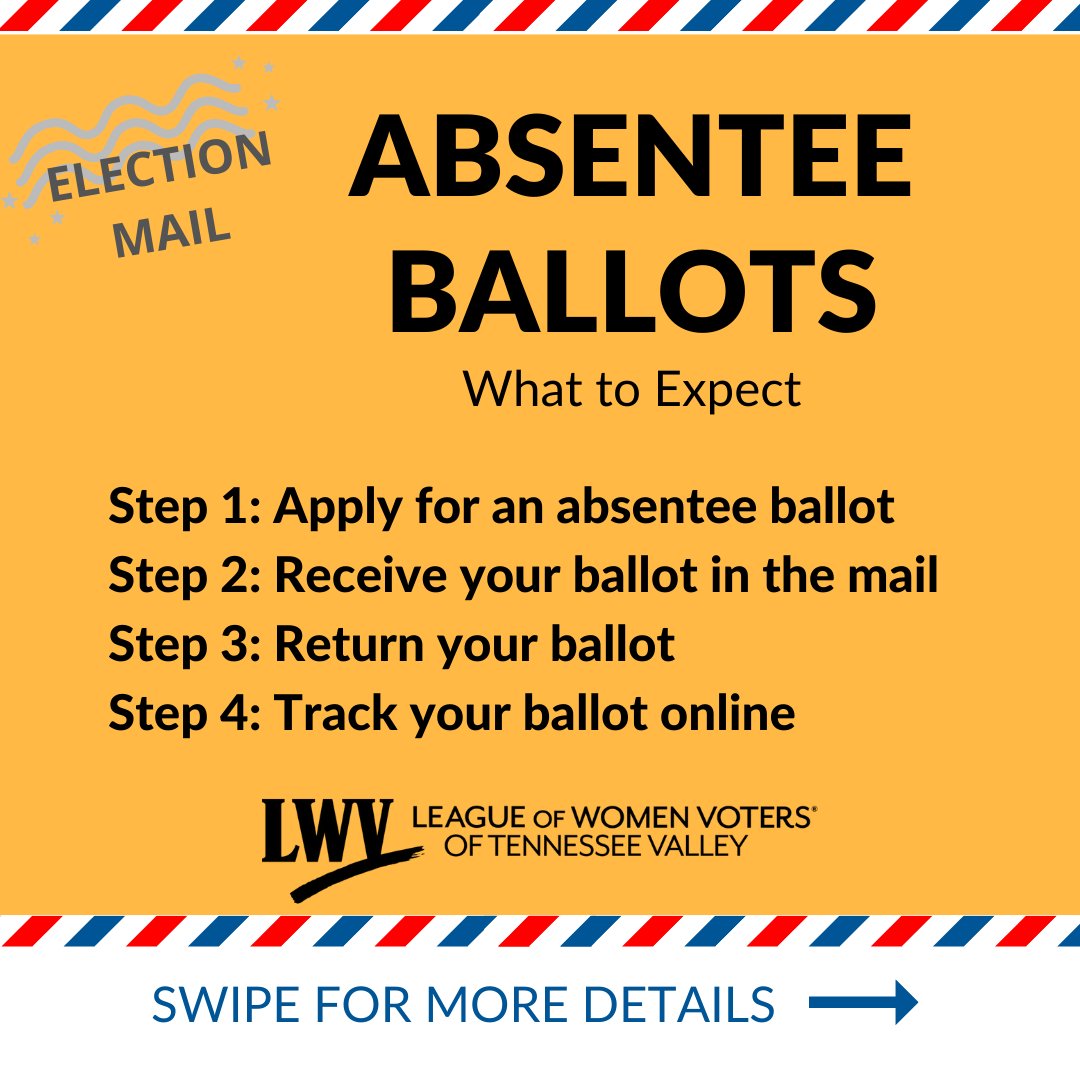lwvtnv's tweet photo. Voters! Curious about absentee ballots? Here's information on how to apply for an absentee ballot, what to expect, and some key requirements and important deadlines.

Follow all instructions carefully, and allow ample time! 
#LWV #LWVTNV #GOTV #VoteSafeAlabama #AbsenteeBallots https://t.co/fZOqLaeAvY
