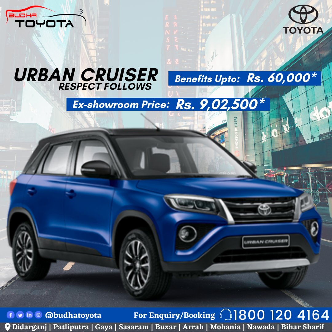 BudhaToyota's tweet photo. Go for Toyota Urban Cruiser!
The youngest SUV comes dressed for the occasion, INSIDE THE WORLD OF RESPECT
Instant Delivery without waiting period!
Discount Upto Rs. 60,000/-* Valid till 30th Sep 2022
Call Today: 18001204164
#ToyotaIndia #ToyotaUrbanCruiser #RespectFollows #Budha https://t.co/Cpr97XHf7T