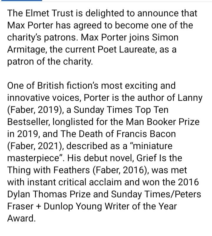 ElmetTrustUK's tweet photo. The Elmet Trust is delighted to announce that Max Porter has agreed to become one of the charity’s patrons. Max Porter joins Simon Armitage, the current Poet Laureate, as a patron of the charity. Full announcement below      ... https://t.co/cVJjkUJZya
