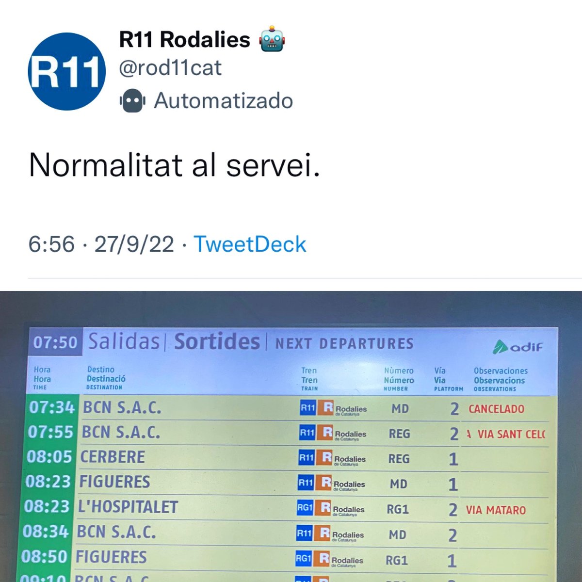 Ivanote's tweet photo. La normalitat de cancel·lar trens 💪🏿 @rod11cat @rodalies https://t.co/S5DtLvpQ84