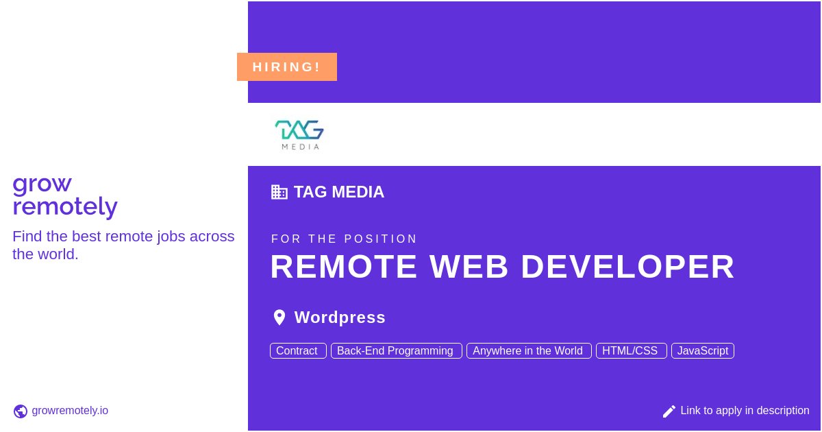 growremotelyio's tweet photo. Check out this job at TAG Media for the position Remote Web Developer.
Apply link: https://t.co/mhgWkgpvYF
#hiring #remotejobs #TAGMedia #Programming https://t.co/qKhzGIVR1j
