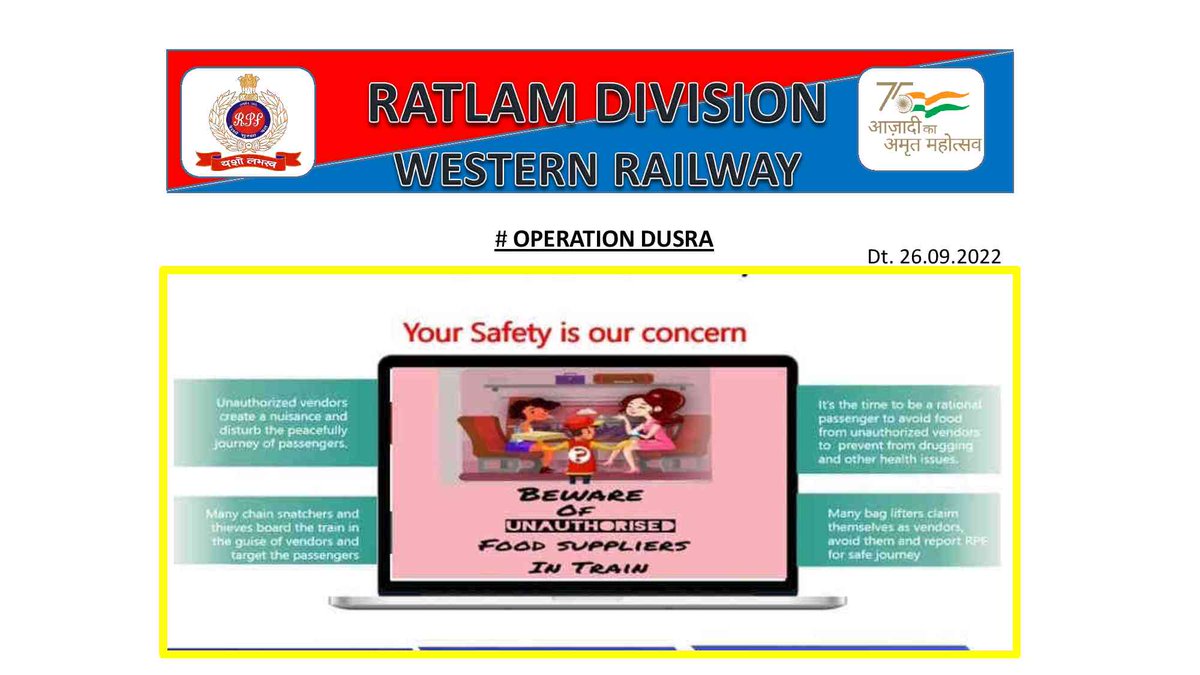 rpfwrrtm's tweet photo. #OPERATIONDUSRA
@rpfwr1
@RPF_INDIA
@RatlamDRM
                       RPF RATLAM takes prompt action against unauthorized vendors and begging in trains and Railway premises, registered 18 cases, while they were operating illegally across Ratlam Division on 26.09.2022. https://t.co/PJJ2PWnvfF
