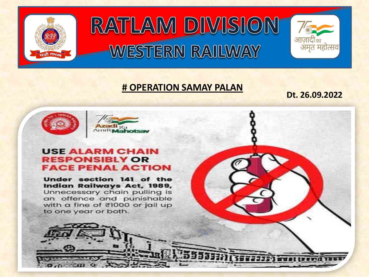 rpfwrrtm's tweet photo. #Operationsamaypalan
@WesternRly 
@RPF_INDIA 
@RatlamDRM
On 26.09.2022, RPF Ratlam playing a pivotal role in punctuality of trains &amp; working shoulder to shoulder with other branches for ceaseless rotation of iron wheel. 01 offender booked for pulling alarm chain at Ujjain https://t.co/0mCG3Qxsxf