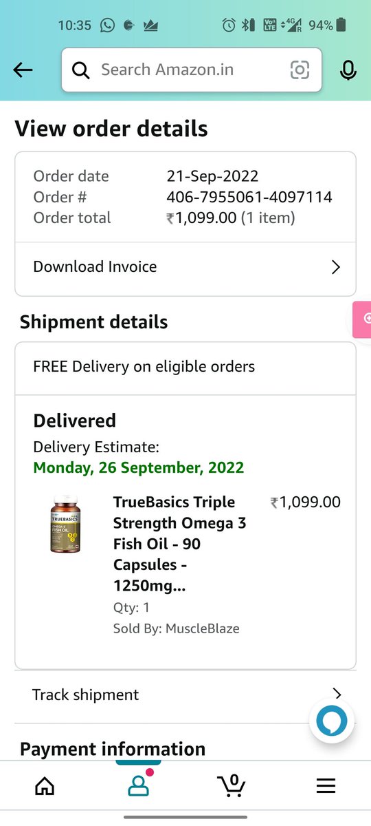 behal_sourabh's tweet photo. Dear @amazonIN @amazon @cyber I ordered Truebasics omega 3 Fish oil on 21 Sep and it was showing that it will be deliverd to me on 24 sep by 9:00 pm but it was not delivered and next day it was showing the same. And on 26 sep it was showing that it is delivered to me but till now https://t.co/3BrC6Nwi4W
