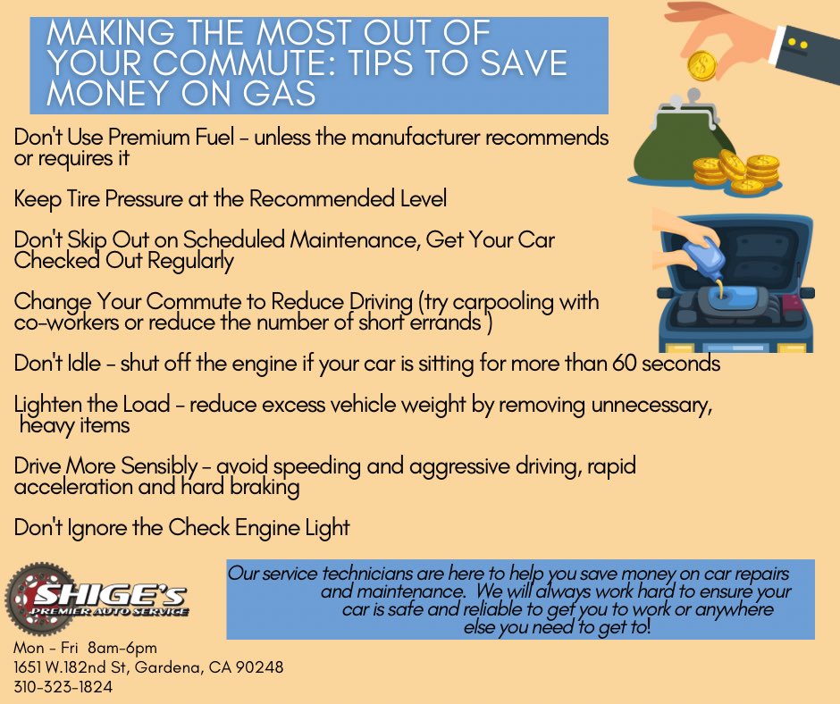 shigespremier's tweet photo. #Inflation is at a 40 year high and #gasprices in SoCal are still rising, make the most out of your commute and follow our gas saving tips! β½οΈππ°
https://t.co/dEzkVN64LA
#autorepair #mondaythoughts #southbay #friendlytips https://t.co/ZkOZ4BiB0B
