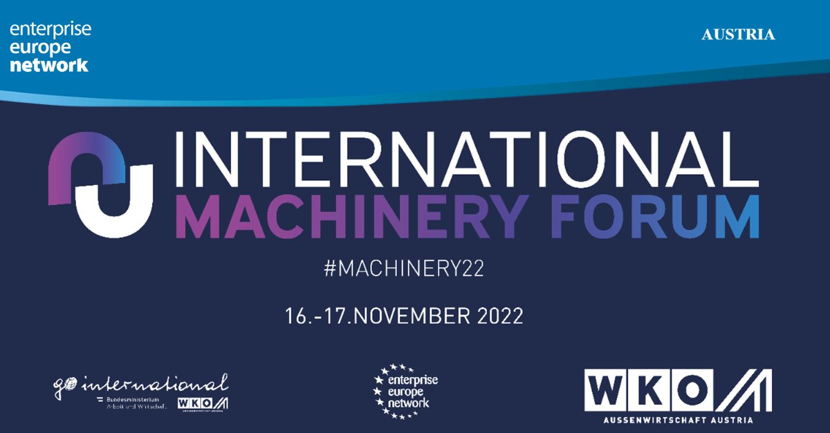 📣 Join us at of one of Europe's largest B2B conferences on #digitalization and #sustainability in the industry sector: 𝗜𝗻𝘁𝗲𝗿𝗻𝗮𝘁𝗶𝗼𝗻𝗮𝗹 𝗠𝗮𝗰𝗵𝗶𝗻𝗲𝗿𝘆 𝗙𝗼𝗿𝘂𝗺 𝟮𝟬𝟮𝟮 Nov. 16th &amp; 17th in Vienna - on-site or remote! 

❗️ ➡️: machinery2022.b2match.io

#eencanhelp