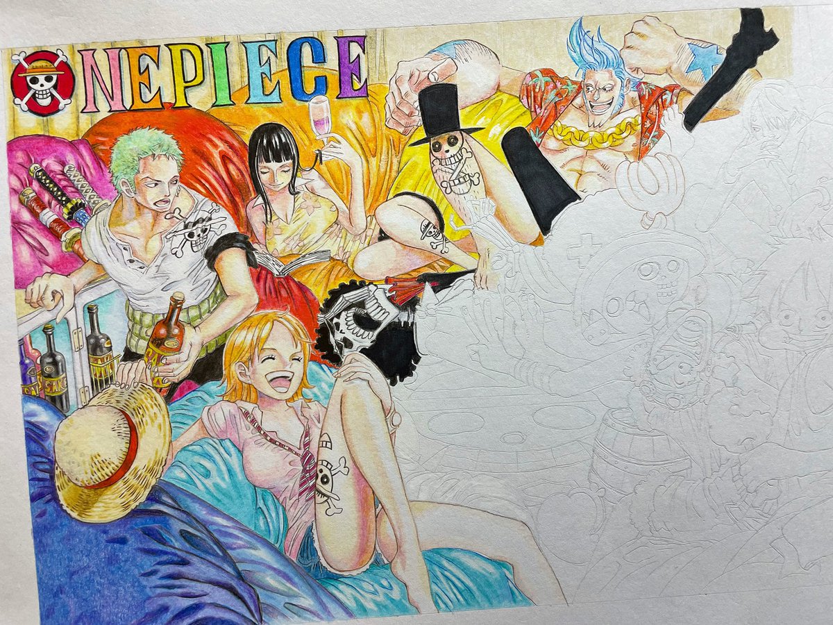 モンキー・D・ルフィ ,ナミ(ワンピース) ,ニコ・ロビン ,ロロノア・ゾロ 「ワンピース 扉絵  色鉛筆で模写。50% #ワンピース #模写」|icoのイラスト
