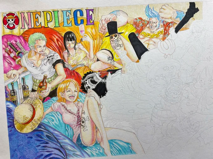 ワンピース 扉絵  色鉛筆で模写。50% #ワンピース #模写