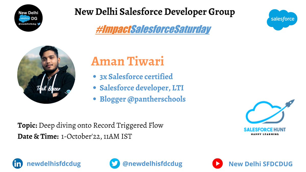 newdelhisfdcdug's tweet photo. Hello Ohana,

Join us for another #ImpactSalesforceSaturday session by @ammu___10  on "Deep diving onto Record Triggered Flow"

🗒️ : 1st October'22
🕚: 11:00 AM, IST

RSVP : https://t.co/ccSHHJ30gC

(1/2) https://t.co/bbjMdNXG4m