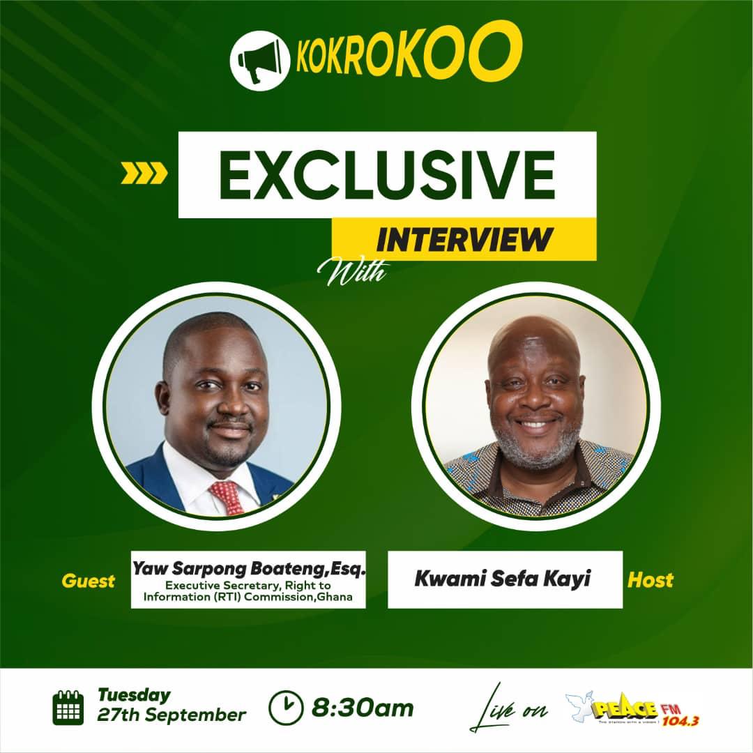 Fianko_I_Am's tweet photo. Tune in to @peacefmonline and listen to the Executive Secretary of the @rticghana in an exclusive interview with the Chairman General on Tuesday 27/09/22 - 8:30 am GMT.
#RTICgh
#AccessToInfoDay
#IDUAI2022 https://t.co/JZnr4Yms3l