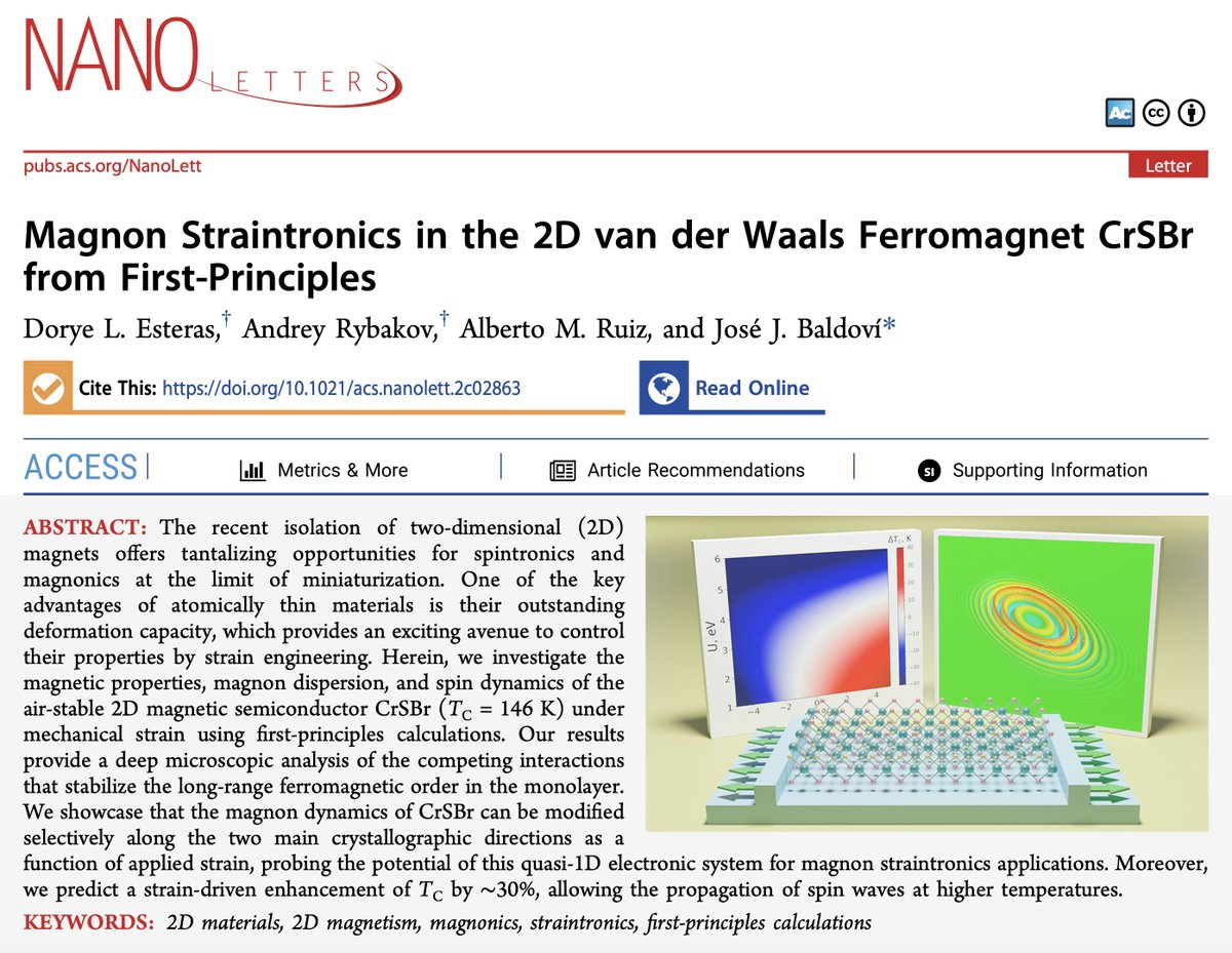 jjbaldovi's tweet photo. Very excited to share our last paper just out @NanoLetters! #OpenAccess We investigate strain engineering of spin wave propagation in the air-stable 2D CrSBr from first-principles 🔛💻 

➡️ https://t.co/vBPoQSFY2F

@DoryeLEsteras @adrybakov @alberto_m_ruiz @ERC_Research @ICMol_UV https://t.co/TC2JELo0VY