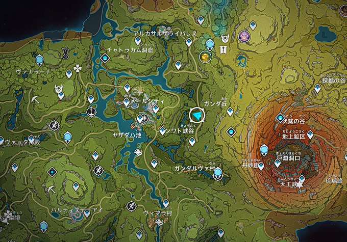 ('・ω・`)この位置にあるヒルチャールの拠点を三日くらい襲撃すると宝箱が出る 