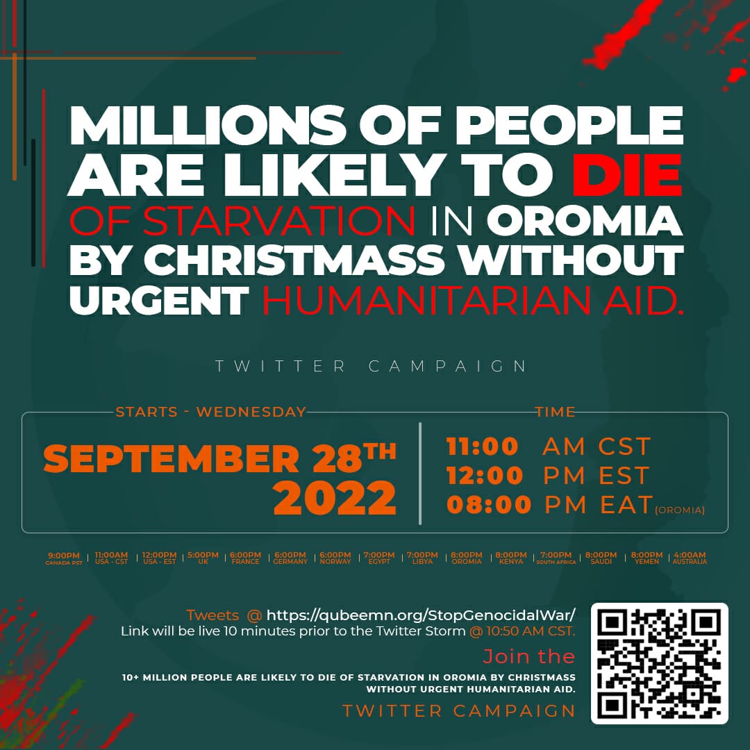 CyberOromo's tweet photo. Twitter Campaign 
Wednesday, September 28th, 2022.

🖲 MILLIONS of PEOPLE are likely to DIE of STARVATION in OROMIA by Christmass without urgent HUMANITARIAN AID. 
#GenocideFamineInOromia 
#AgamsaMassacre 

Link: 👇🏿
https://t.co/AstfMibjb4 https://t.co/ZgvyWqiH2N