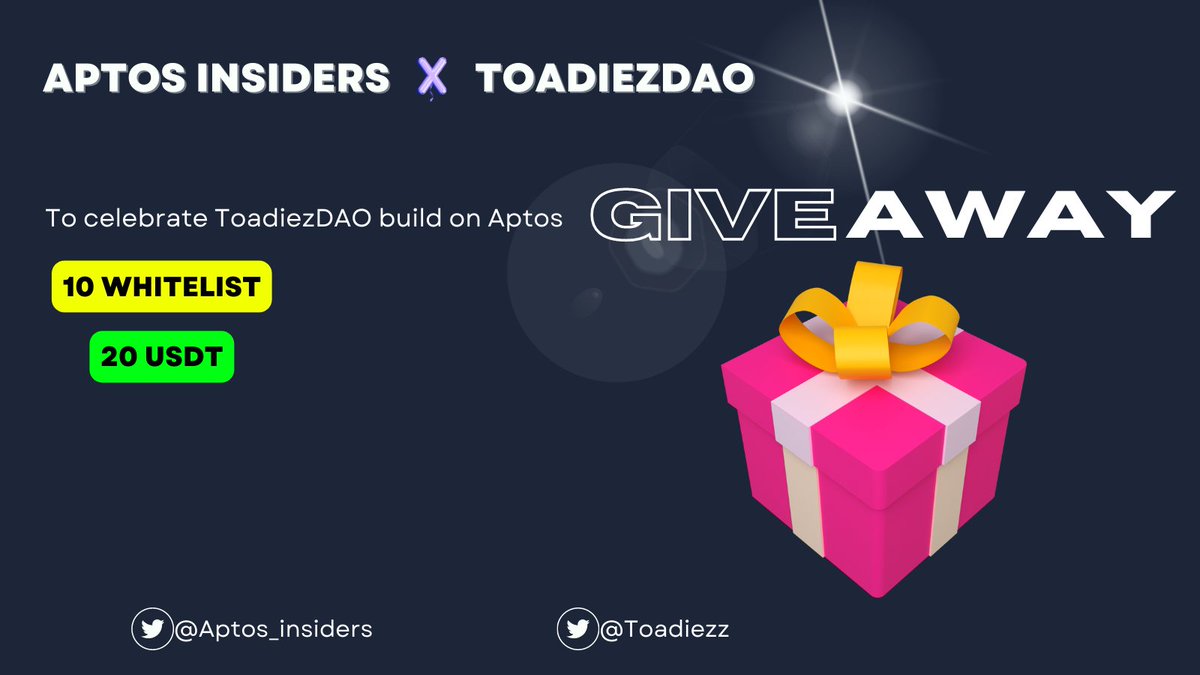 SolCommunityy's tweet photo. To celebrate @Toadiezz build on #Aptos 🔥 A new NFT platform!
 
🎁 Giveaway 10 WL spots &amp; 20 USDT for one lucky member

👉To win
1⃣ Follow @Toadiezz &amp; @Aptos_insiders  
2⃣ Like, Retweet
3⃣Tag 3 friends &amp; show proof 👇

⏰ 48 hours

#Aptos #Giveaways #Airdrops https://t.co/6Rjxyi1Alu