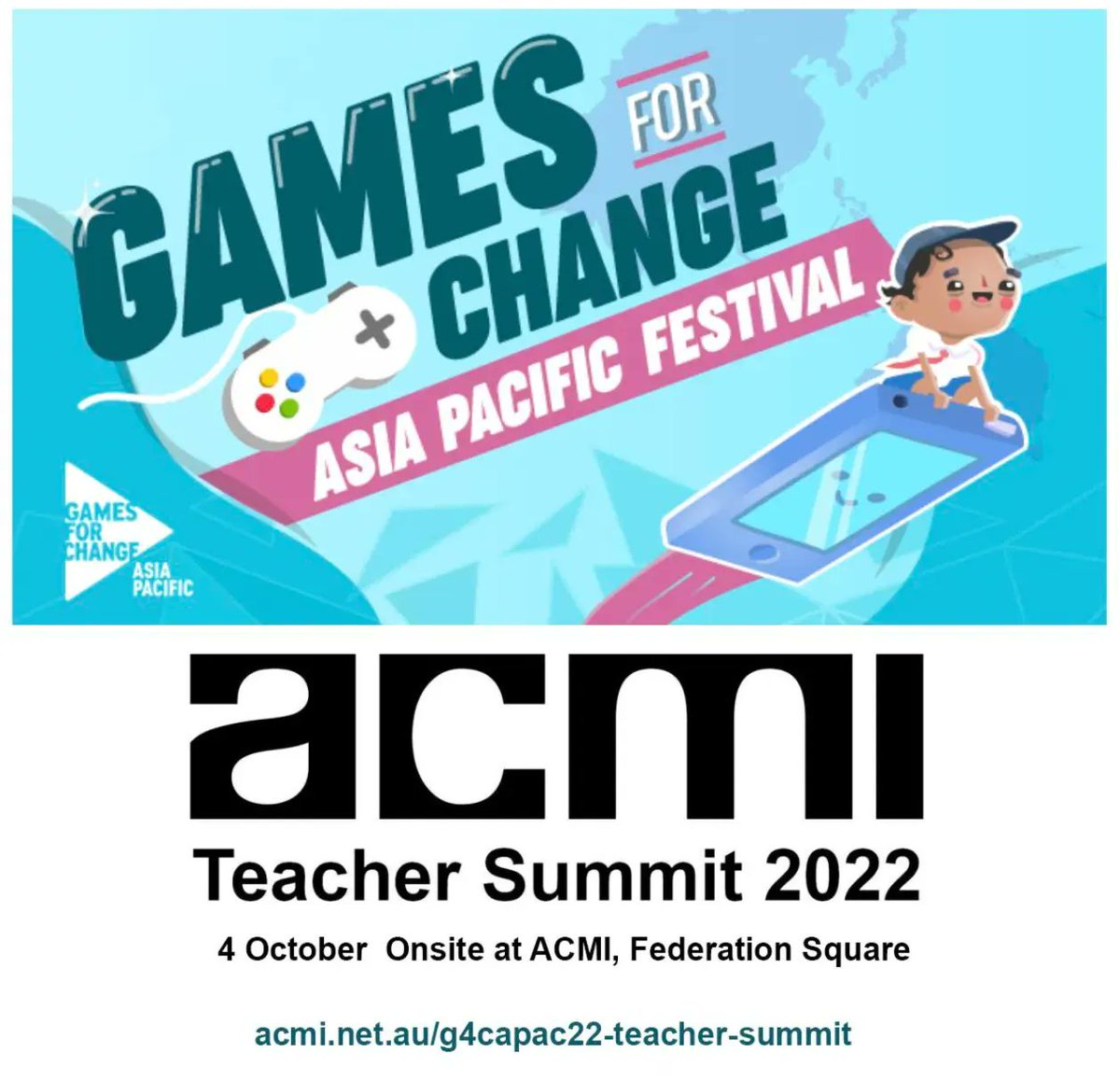 <a href="/ACMI_Education/">ACMI Education</a> Games for Change is happening next week! 

Don't miss out on your tickets 🎫  ⬇️ 

 #G4CSummit22  #gamebasedlearning

 ℹ️  &amp; 🎫  - acmi.net.au/g4capac22-teac…