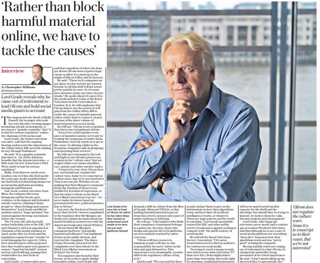 charleshymas's tweet photo. "It has been a Wild West, and it is time for serious
regulation,” says @Ofcom boss Lord Grade - on the day it emerged TikTok faces £27m fine for endangering children online and inquest probed Molly Russell's death https://t.co/TENIhGz59m https://t.co/tqvSbXnzZq