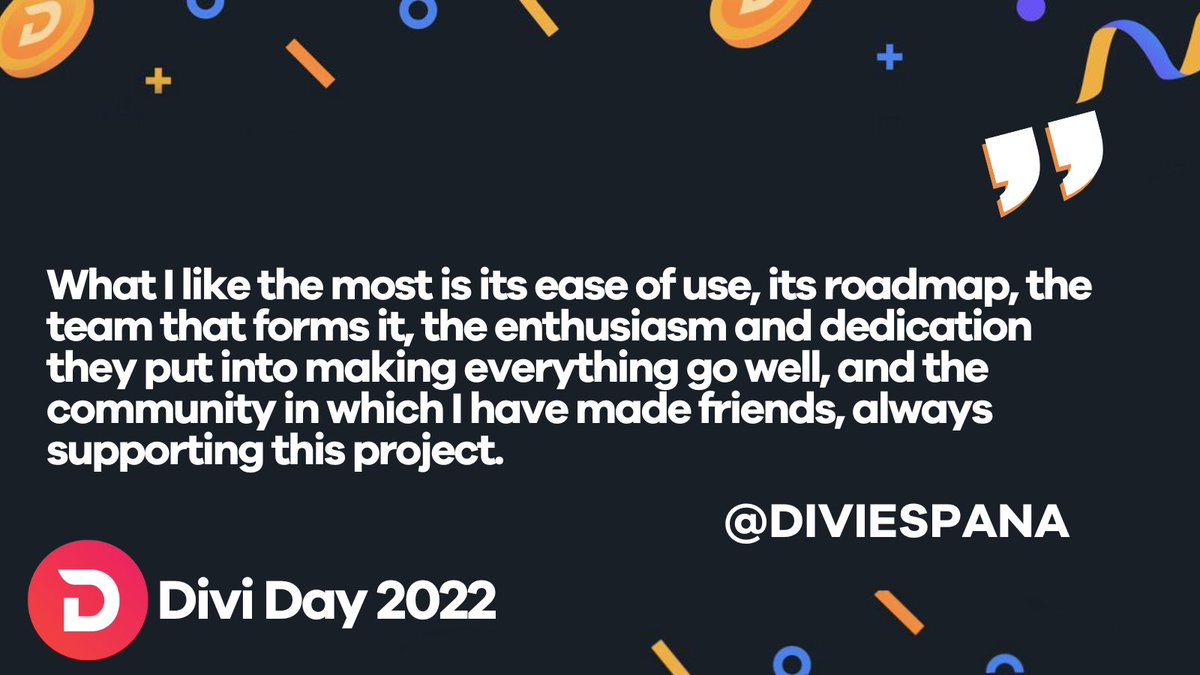DiviProject's tweet photo. For #DiviDay2022, we asked all of you what your favorite aspect of $DIVI is. For @DiviEspana, he loves it all!
Cheers, JR and thank you for being part of this amazing community! π€
It's #DiviDay π₯ https://t.co/RkkEb9XGVd
