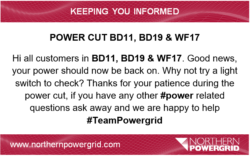 Northpowergrid's tweet photo. #Powercut #BD11 #BD19 #WF17 #TeamPowergrid https://t.co/pIzYdeSmkw