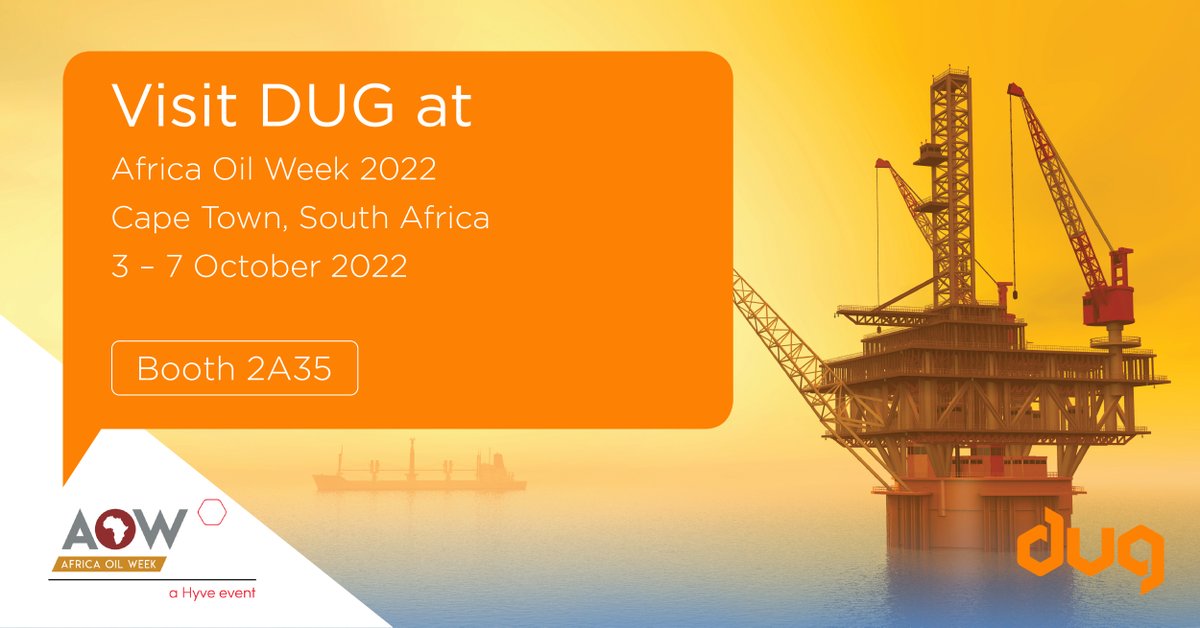 Team_DUG's tweet photo. We’re excited to be attending Africa Oil Week 2022 in Cape Town, South Africa, next week from 3–7 October!

Be sure to drop by Booth 2A35 and have a chat with #TeamDUG’s Owen Dyer and Percy Mellar to learn more about our - https://t.co/yiV5uOXayI
