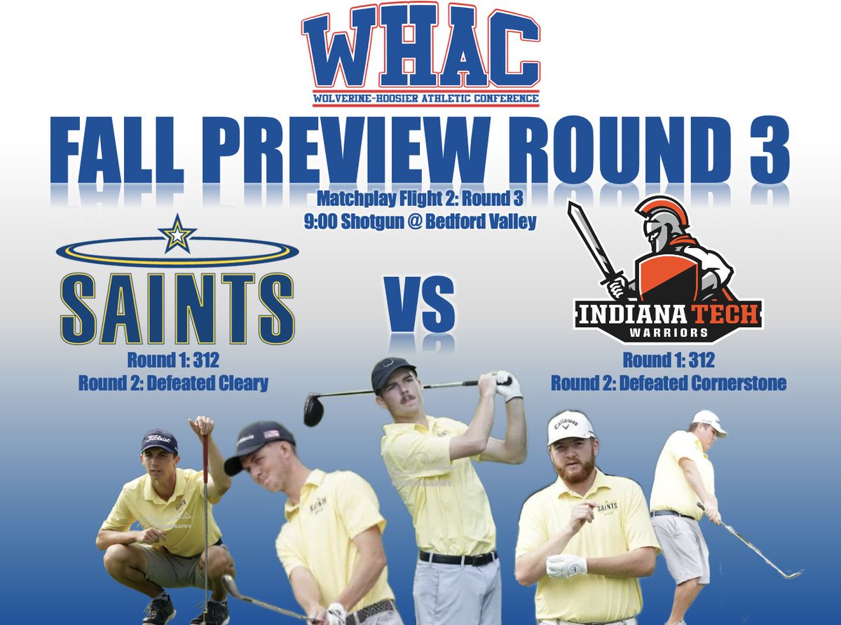 SHUSaintsGolf's tweet photo. Round 1 and 2 completed through high winds and heavy rain. In Round 2 the Saints took down Cleary University. Tomorrow the Saints take on the Indiana Tech Warriors in 18 hole matchplay. 
#FearTheHalo https://t.co/CnXjWl0kKL